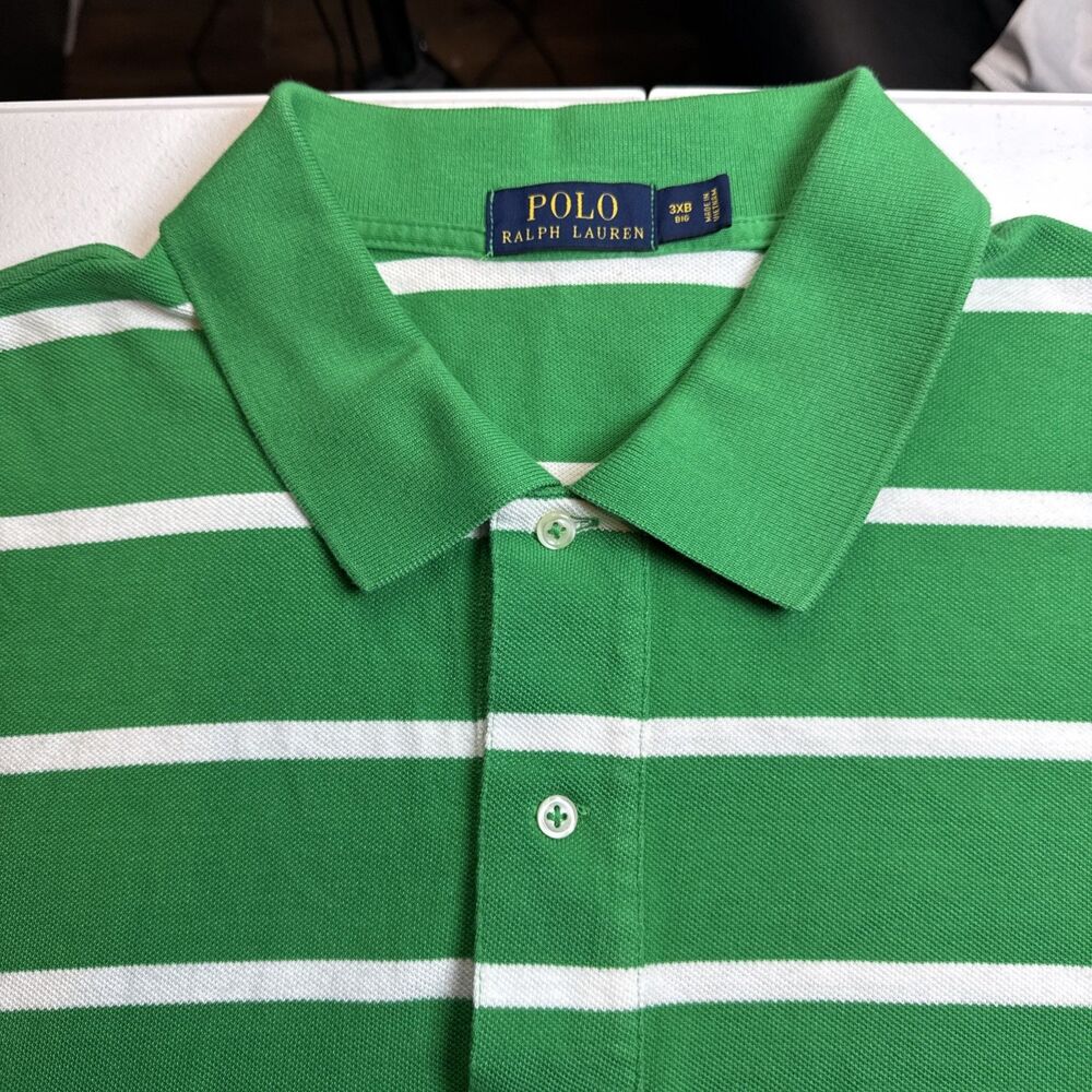 Polo Ralph Lauren Mens 3XB Big Tall Green Striped Polo Shirt Pink Pony Rugby